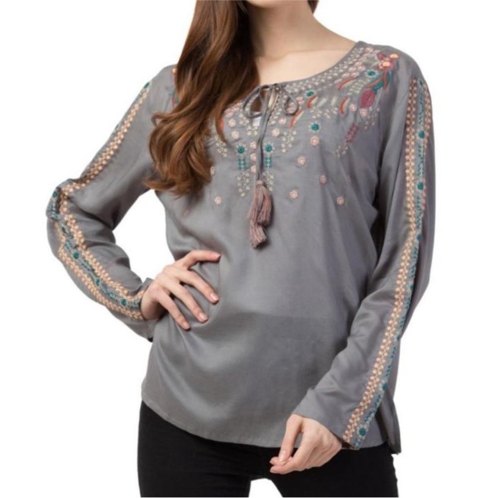 Solitaire Floral Embroidered Long Sleeve Boho Blouse Top Size M